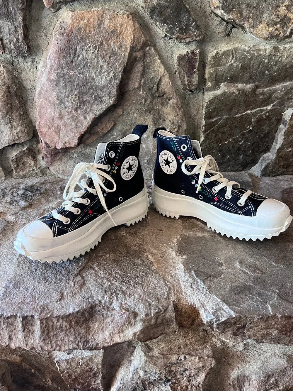 Converse Black High Top Platform Sneakers with Floral Accent